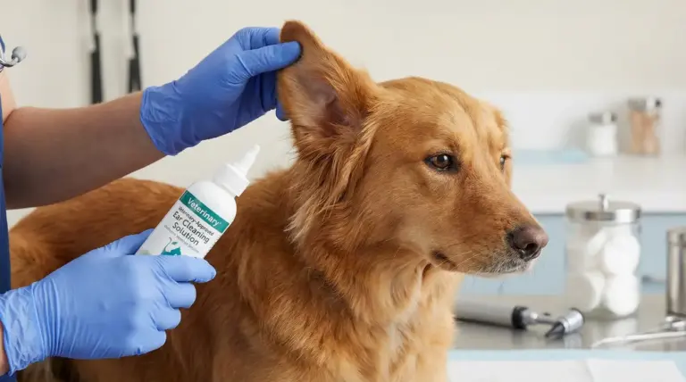 Persona con guanti pulisce l’orecchio di un cane con una soluzione auricolare in ambulatorio veterinario