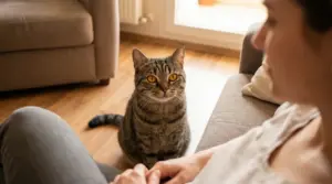 Gatto tigrato seduto sul pavimento che fissa una persona in salotto