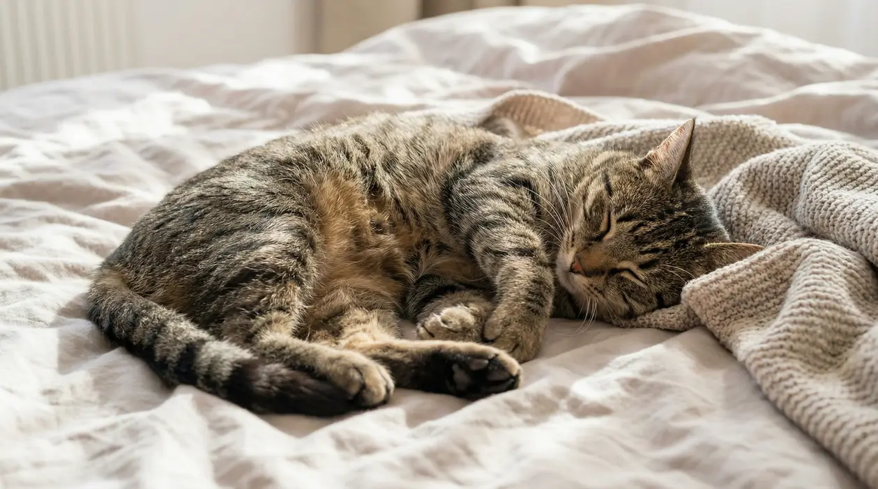 Gatto tigrato che dorme rilassato su un letto, accanto a una coperta in maglia