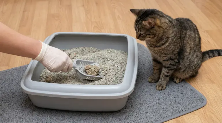 Persona con guanto pulisce la lettiera del gatto con paletta, mentre un gatto tigrato osserva accanto