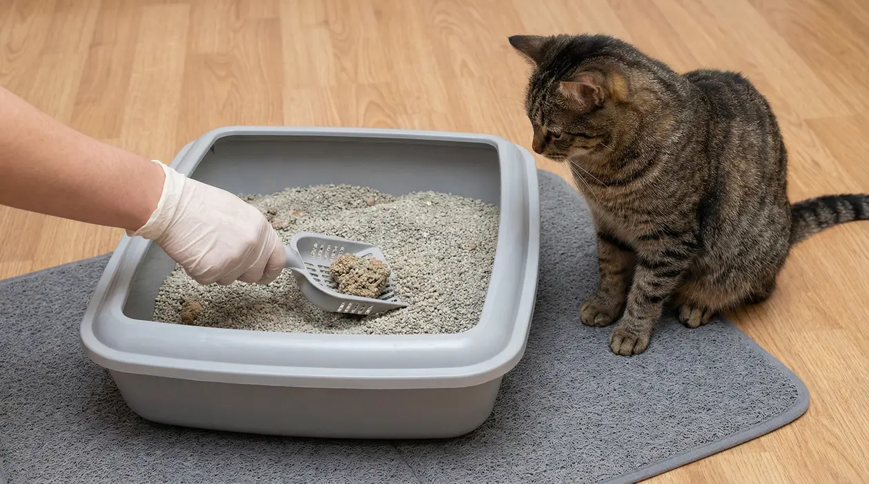 Persona con guanto pulisce la lettiera del gatto con paletta, mentre un gatto tigrato osserva accanto