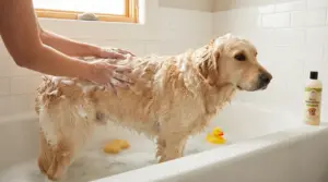 Cane in vasca mentre una persona lo insapona durante il bagno con shampoo per cani