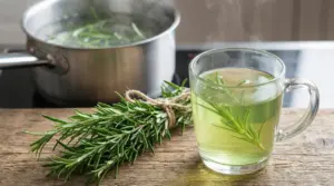 Tazza di infuso al rosmarino con rametti freschi e pentola d’acqua bollente sul fornello