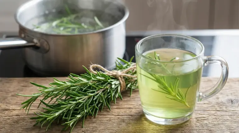 Tazza di infuso al rosmarino con rametti freschi e pentola d’acqua bollente sul fornello