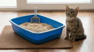 Gattino seduto accanto a una lettiera aperta blu con paletta, su tappetino protettivo in casa