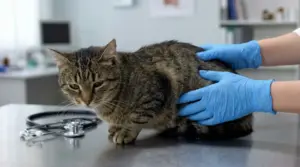 Gatto tigrato visitato dal veterinario su un lettino, con mani in guanti blu che lo controllano