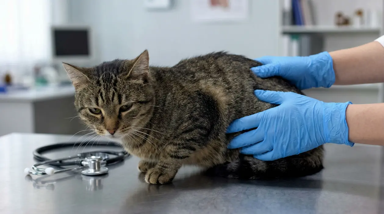 Gatto tigrato visitato dal veterinario su un lettino, con mani in guanti blu che lo controllano