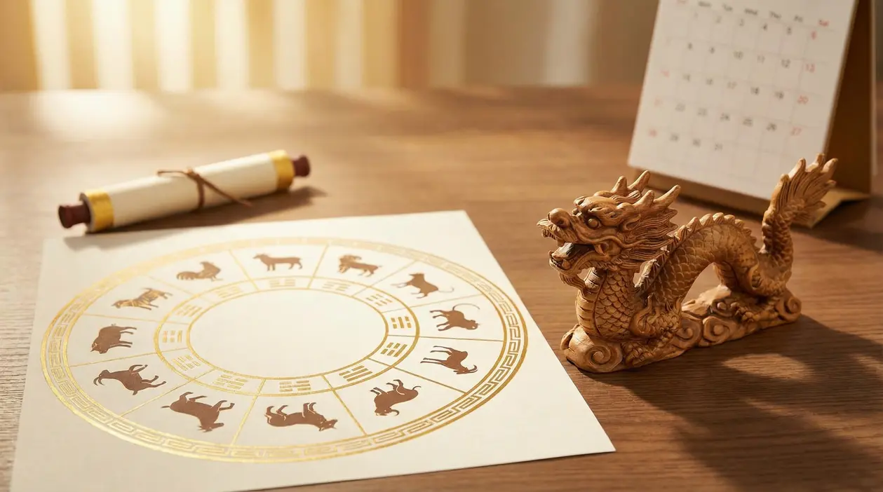 Ruota dei segni dello zodiaco cinese su un tavolo con statuetta di drago e calendario sullo sfondo