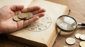Mano con monete in euro su un libro aperto con ruota dello zodiaco e una lente d’ingrandimento sul tavolo