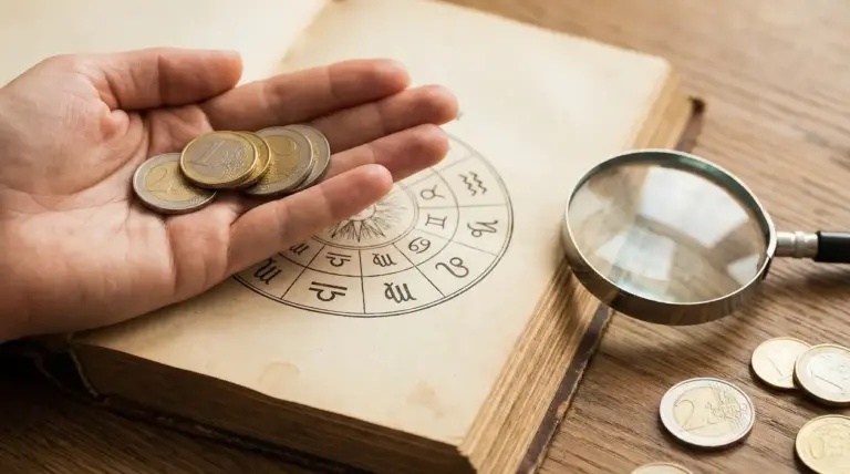 Mano con monete in euro su un libro aperto con ruota dello zodiaco e una lente d’ingrandimento sul tavolo