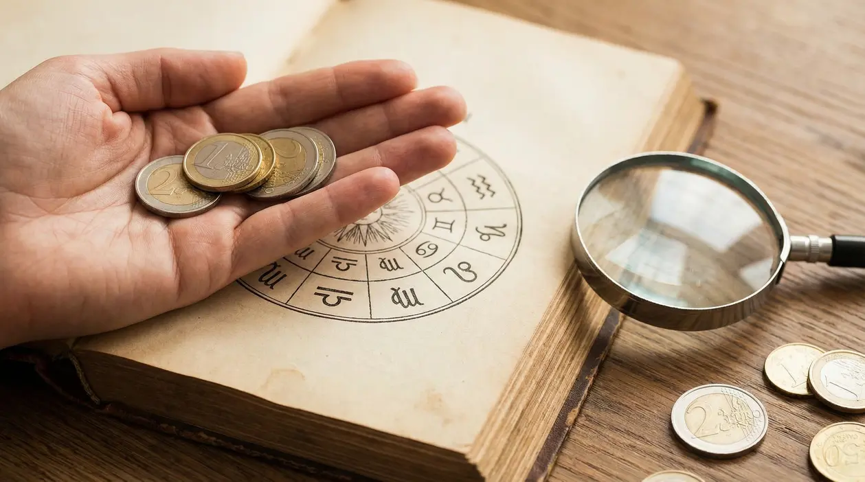Mano con monete in euro su un libro aperto con ruota dello zodiaco e una lente d’ingrandimento sul tavolo