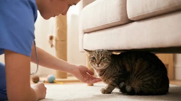 Gatto tigrato nascosto sotto il divano mentre una persona gli porge la mano, possibile segnale di stress in casa