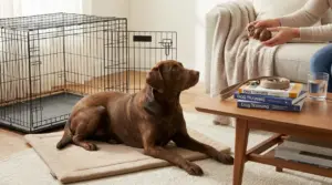 Cane sdraiato su un tappetino vicino a un kennel, mentre una persona offre un gioco premietti in salotto