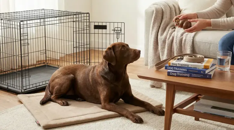 Cane sdraiato su un tappetino vicino a un kennel, mentre una persona offre un gioco premietti in salotto