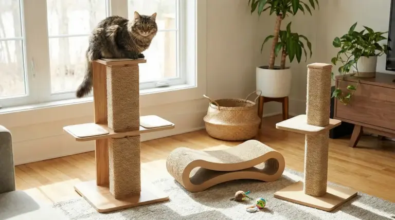 Gatto su tiragraffi in legno con colonne in sisal e accessori per graffiare in soggiorno luminoso