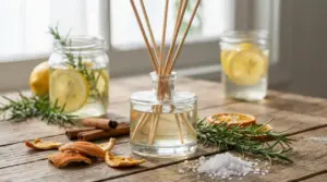 Profumatore fai da te con bastoncini in bottiglia di vetro, scorze di agrumi, rosmarino e cannella su tavolo in legno