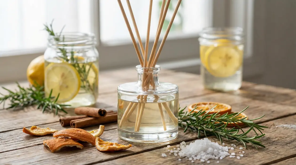 Profumatore fai da te con bastoncini in bottiglia di vetro, scorze di agrumi, rosmarino e cannella su tavolo in legno