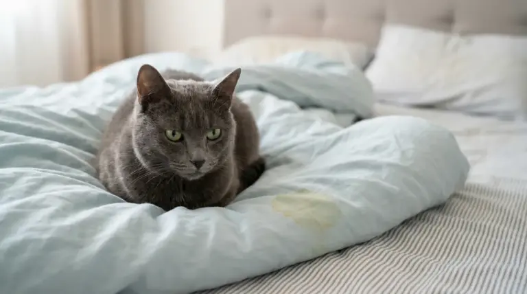 Gatto grigio sul letto con una macchia di urina sulle lenzuola, in camera da letto