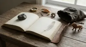 Taccuino aperto su tavolo di legno con piuma, pietra e piccoli oggetti simbolici vicino a una finestra