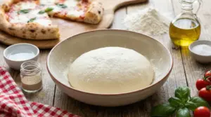 Impasto per pizza in una ciotola su tavolo di legno, con farina, olio e ingredienti per una base leggera