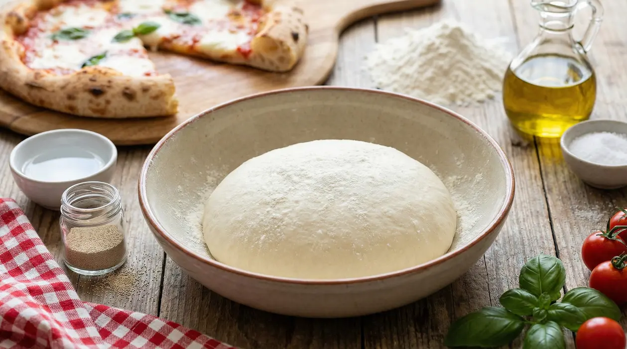 Impasto per pizza in una ciotola su tavolo di legno, con farina, olio e ingredienti per una base leggera