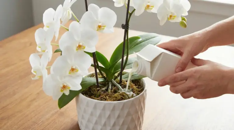 Mani che versano concime liquido in un vaso con orchidea Phalaenopsis bianca in fiore su un tavolo di legno