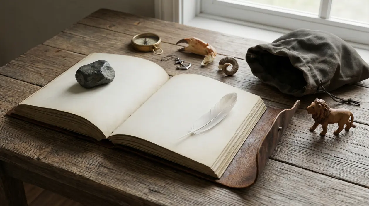 Taccuino aperto su tavolo di legno con piuma, pietra e piccoli oggetti simbolici vicino a una finestra